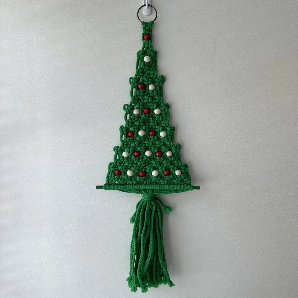 Vtg Macrame Crochet Handmade Christmas Tree Wall Hanging Large Green Red 32 X 12